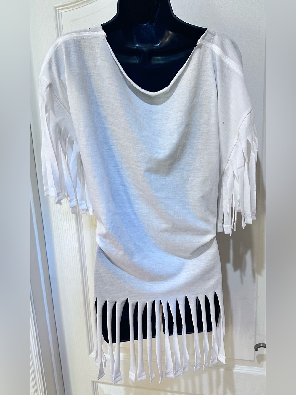 Upcycled rip Off-Shoulder Knicks Fringe Tie-Waist Top size L- 2X. - Picture 4 of 4